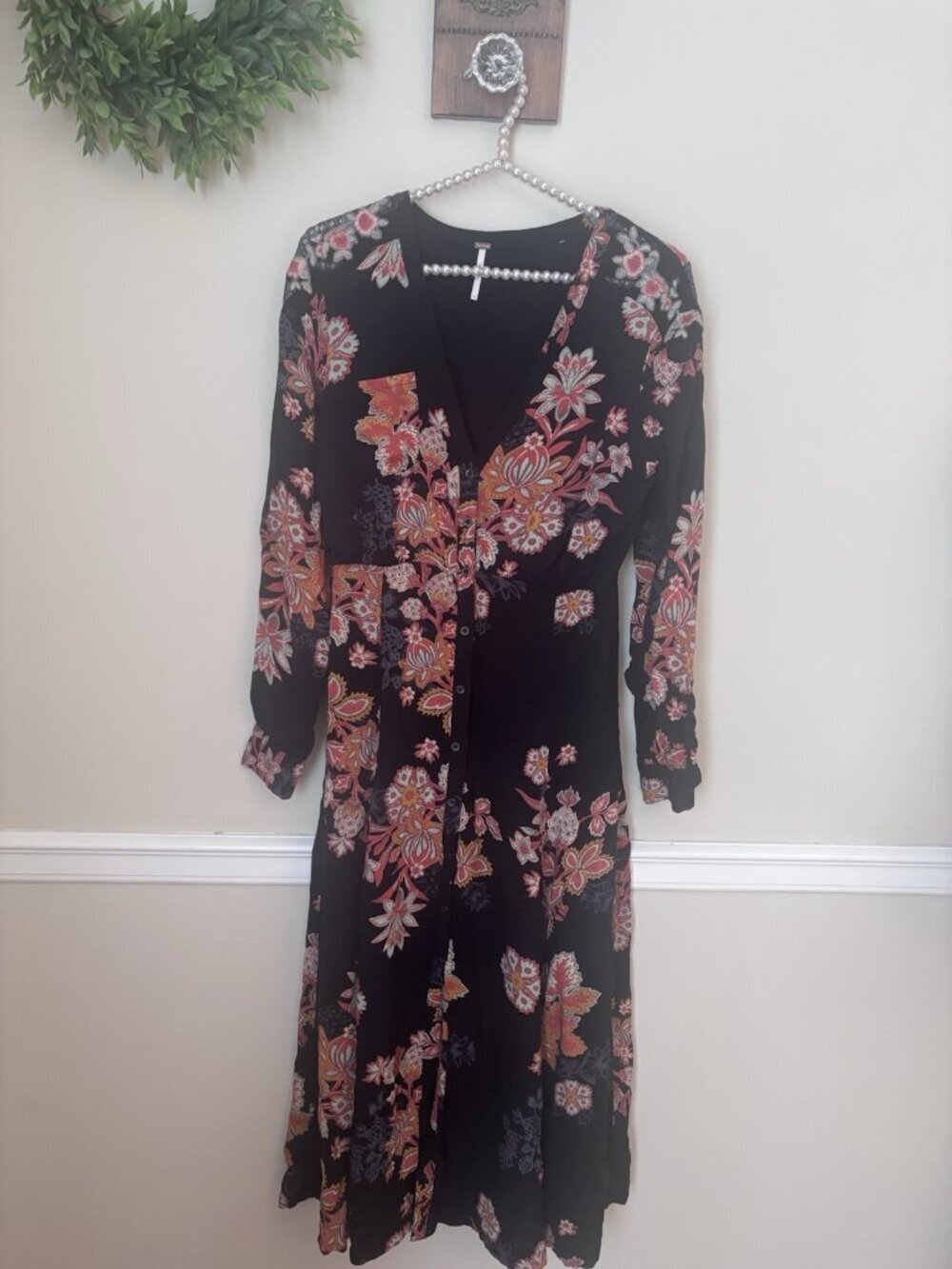 Free People Size 8 Black Orange Floral Button Front Long Sleeve Maxi Dress